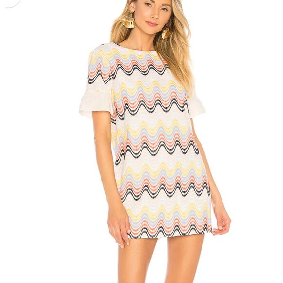 Tularosa Lexi Shift Dress Womens Medium Pastel Rainbow Wavy Striped Cotton Mini - Picture 1 of 9